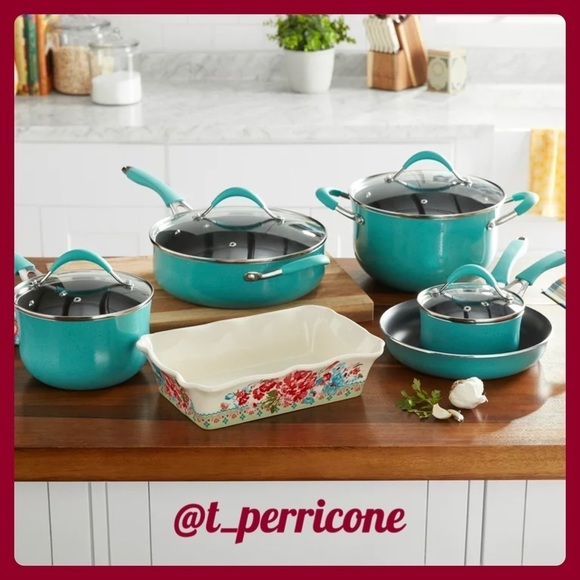 ♠️ New Pioneer Woman Frontier Speckle Aluminum 10-Piece Cookware Set, Turquoise - Picture 2 of 14